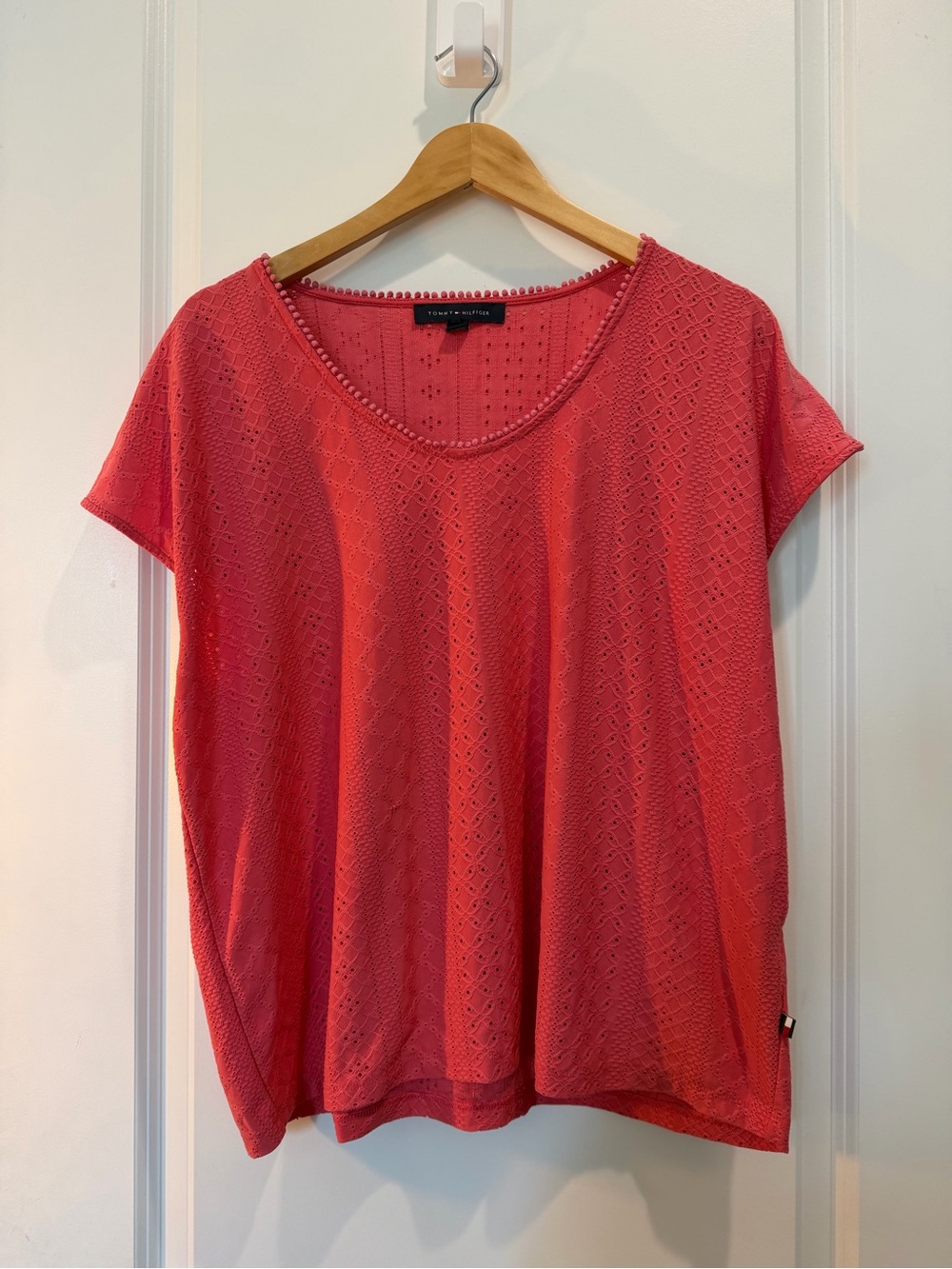 Tommy Hilfiger Coral Eyelet Knit Top‎ XL Short Sleeve Stretch Blouse